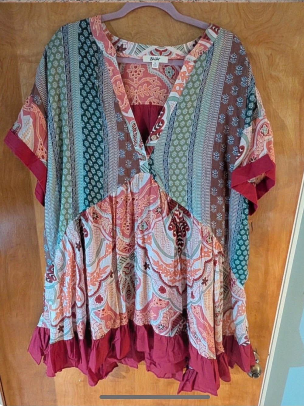 Blue Velvet Multi-Print V-Neck Paisley Dress with Berry Trim
